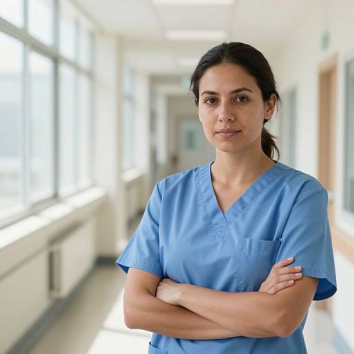 Photograph of a serious, dark-haired woman with medium skin tone, wearing blue medical scrubs, standing with arms crossed in a brightly lit, white