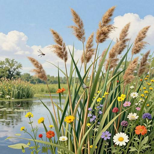 Vibrant digital painting of tall grasses with colorful wildflowers by a serene pond, clear blue sky, and white clouds in the background.