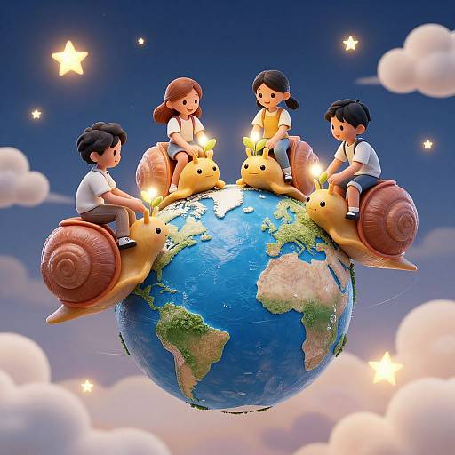 Digital illustration of three Asian children with black hair, sitting on globe with snail shells, holding candles, against a starry sky.