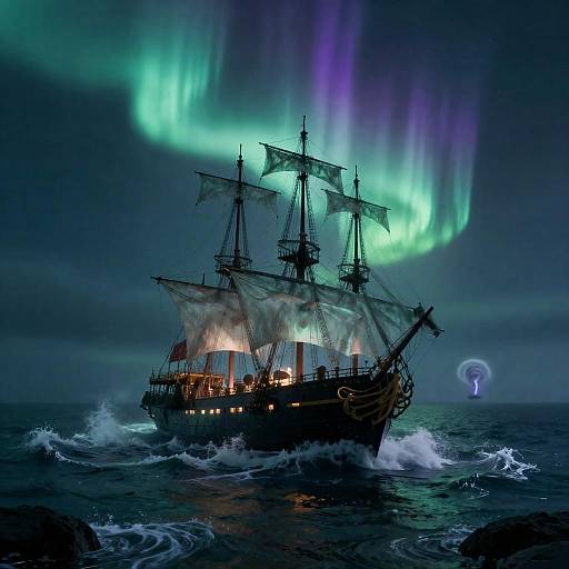 Colossal Ghost Ship Beneath Phosphorescent Aurora