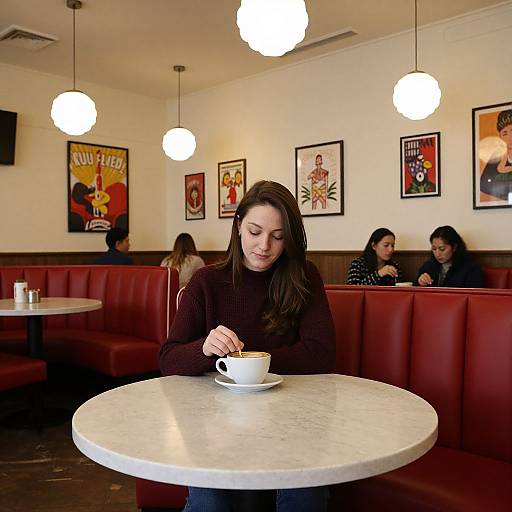 Photograph of a young woman with long brown hair, in a dark sweater, sitting at a white marble table, sipping from a white cup,