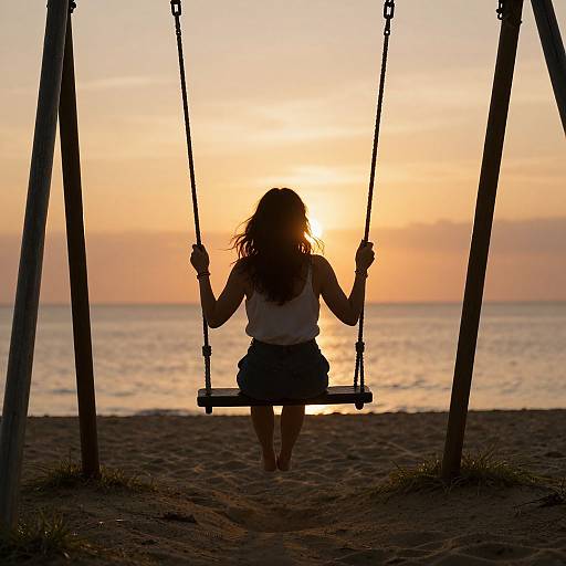 Photograph of a woman with long hair, wearing a white tank top and black skirt, sitting on a swing at sunset on a sandy beach, facing