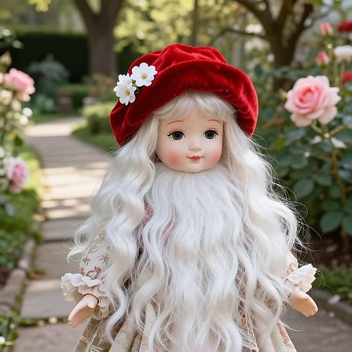 Photograph of a vintage porcelain doll with long white hair, red velvet hat, white flower, and floral dress, standing in a sunny garden with pink