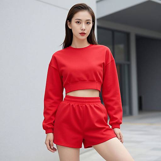 Photograph of an East Asian woman with long black hair, wearing a red crop sweatshirt and matching high-waisted shorts, standing outdoors against a