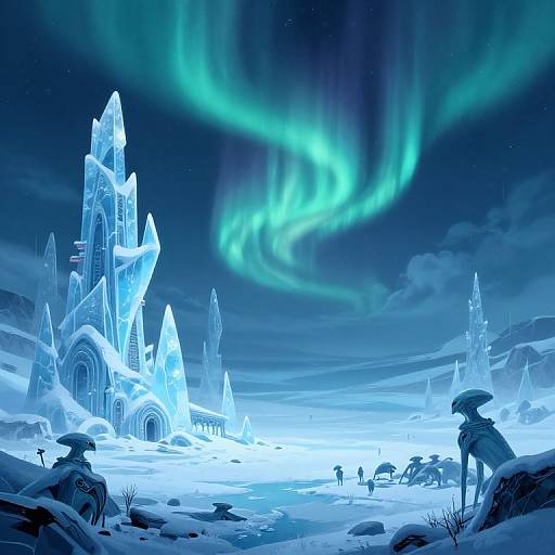 Digital fantasy artwork of a snowy, icy landscape with glowing auroras, towering ice structures, and mythical creatures under a starry night sky.