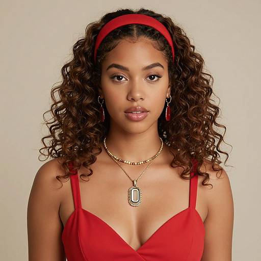 Curly Hair Woman in Red Dress