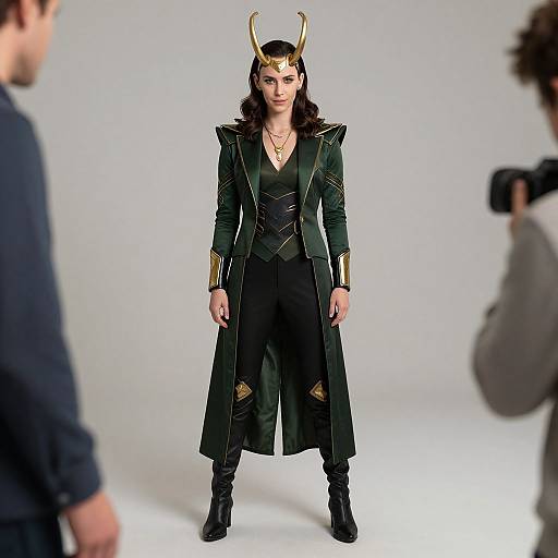 Photograph of a woman with long brown hair, wearing a green coat, black pants, gold horned headpiece, and black boots, standing in