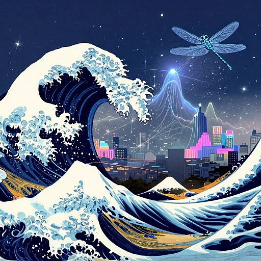 Digital art of a vibrant cityscape with neon lights, Mount Fuji, a blue dragonfly, and large, white-capped ocean waves under a star