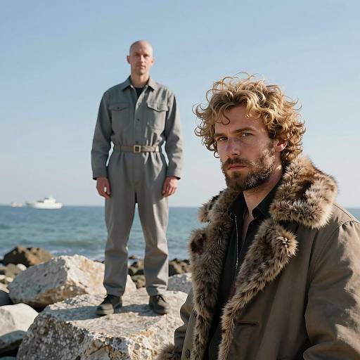 Two men by rocky shoreline