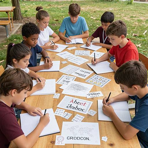 Photograph of six diverse children, seated at a wooden table, writing and drawing words like 