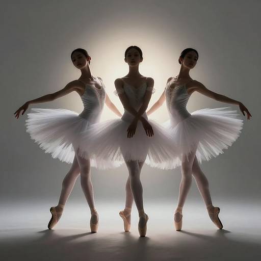 Silhouetted photograph of three ballerinas in white tutus, standing in a triad formation, backlit by a bright, glowing light