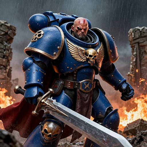 Photorealistic CGI of a bald, muscular warrior in blue armored plating with a skull emblem, holding a large sword, standing amidst a fiery,