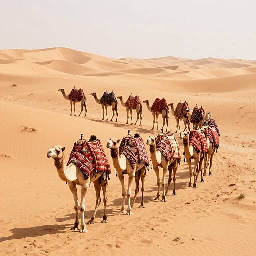 Photograph of a caravan of 15 camels with red and black patterned blankets walking in a sandy desert with rolling dunes.