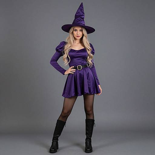 Photograph of a blonde woman in a purple witch costume with a pointed hat, long sleeves, skirt, black stockings, and boots, standing against a