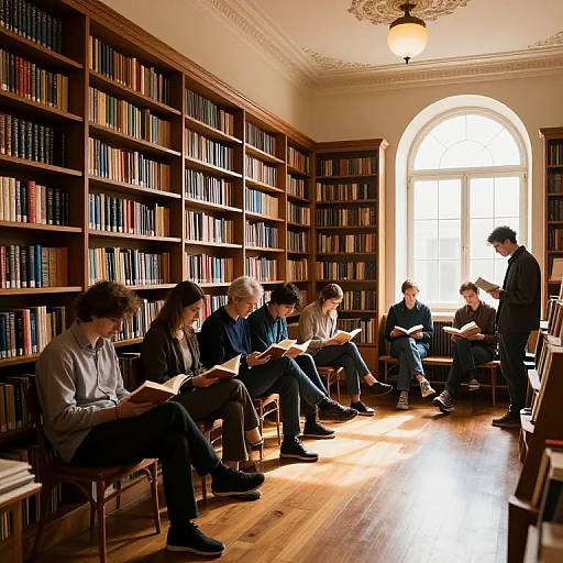 Photograph of a well-lit library room with wooden shelves filled with books, six people reading or studying, and a man standing. Sunlight streams
