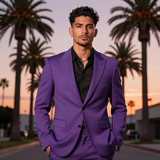Confident Man in Purple Suit at Sunset
