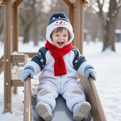 Photograph of a smiling toddler in a snowman outfit, including hat with snowman face, red scarf, and winter gloves, sliding down a wooden