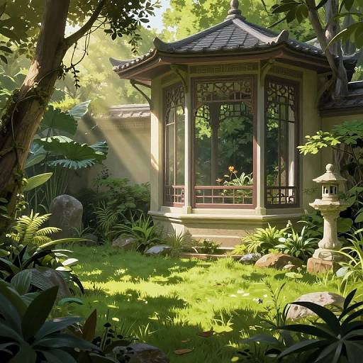 Photorealistic digital artwork of a sunlit, ornate gazebo in a lush garden with sunlight streaming through trees, surrounded by vibrant greenery and