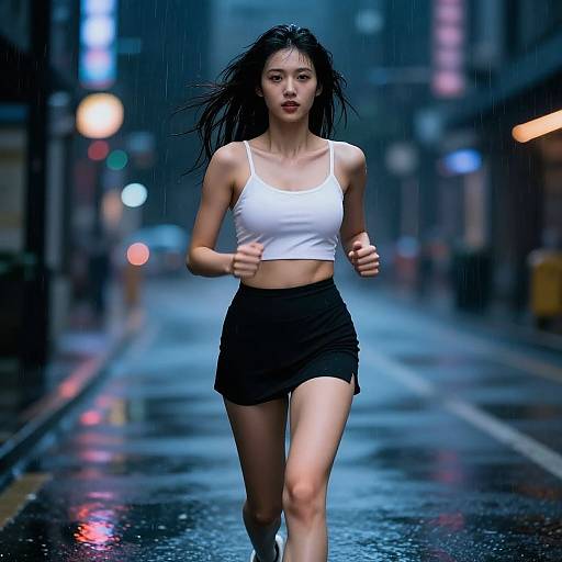 Photorealistic digital image of an Asian woman with wet black hair, running in a rainy urban street at night, wearing a white crop top and black
