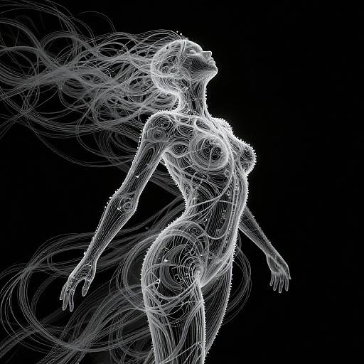 Digital art of a white, glowing, wireframe female figure with flowing lines against a black background, exuding a futuristic, ethereal vibe.