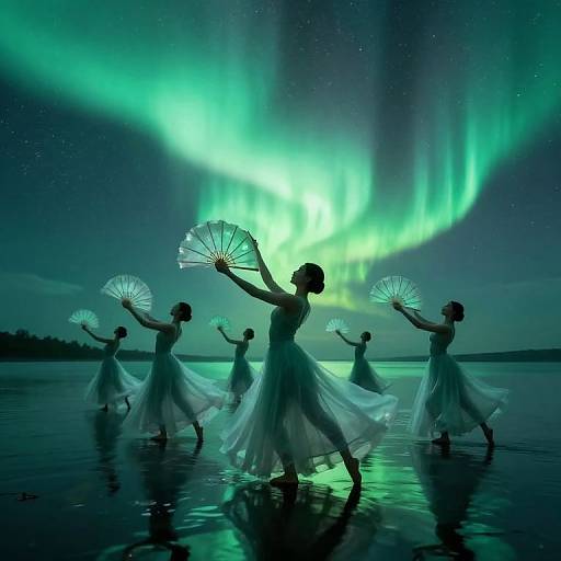 Silhouetted dancers in flowing white dresses, holding fans, under vibrant green aurora borealis, reflected in a calm, dark water landscape.
