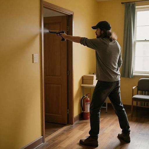 Tense Moment: Man Aiming Through Door