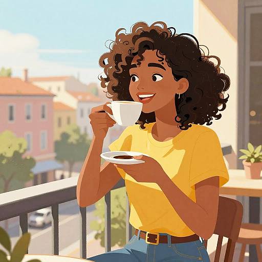 Digital illustration of a smiling, curly-haired woman with dark skin, wearing a yellow shirt and blue jeans, sipping coffee on a sunny balcony with a