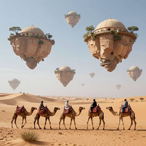 Digital art of five people riding camels through a desert with floating, dome-shaped rock islands and clear blue sky.