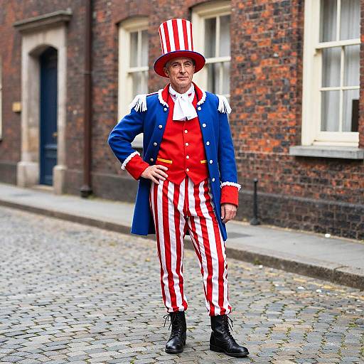 Vintage Patriotic Man on Cobblestone Street