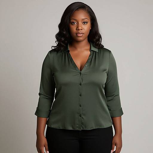 Photograph of a confident, dark-skinned woman with long black hair, wearing a green button-up blouse and black pants, standing against a plain white