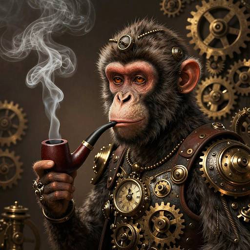 Digital illustration of a steampunk monkey with gears, smoking a pipe, wearing a brass armor with a clock and ring.