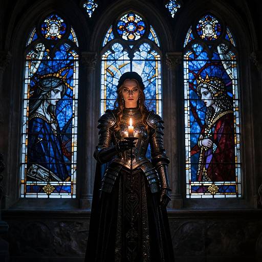 Photograph of a medieval armored woman with glowing chest plate, standing in front of vibrant blue and gold stained glass windows.