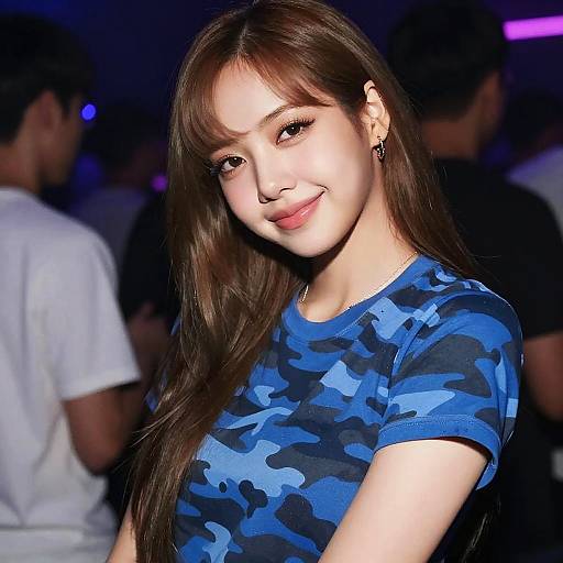 Young Woman in Blue Camo T-shirt at Nightclub