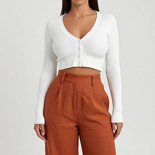 Photograph of a woman wearing a white, ribbed, V-neck crop top and high-waisted, orange corduroy pants with button details