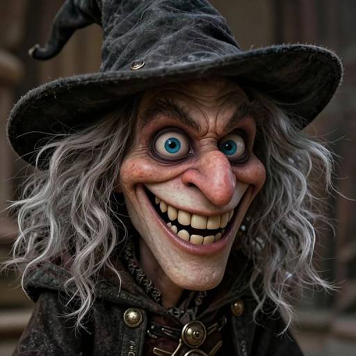 Photorealistic CGI of a creepy, grinning witch with wild gray hair, blue eyes, and a black hat, wearing a dark, textured cloak