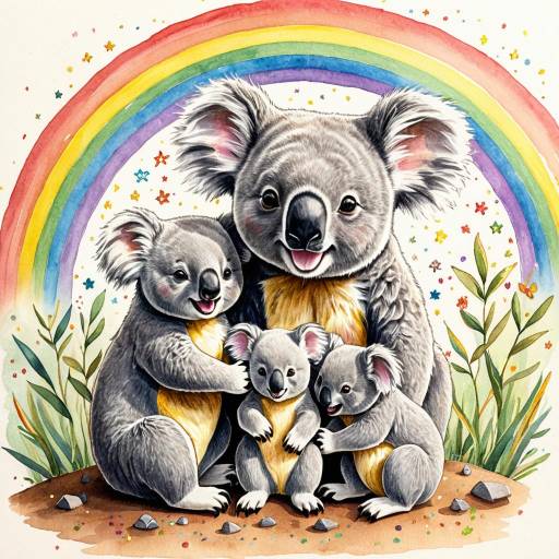 Happy Koala Family with Rainbow