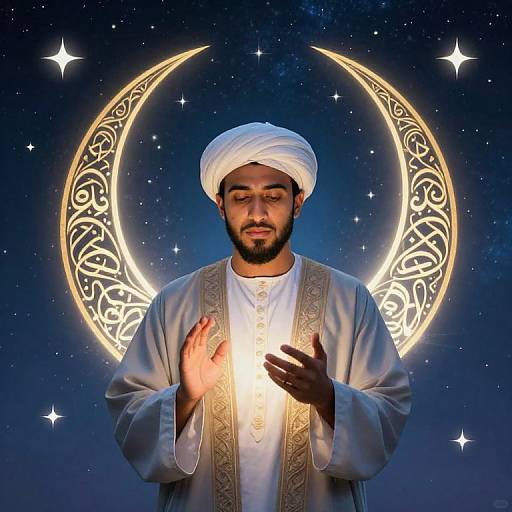 Photograph of a bearded Muslim man with a white turban, wearing an ornate white robe, holding a glowing light against a night sky with