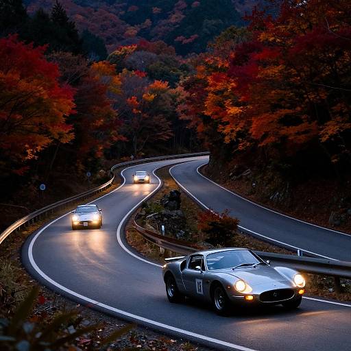 Photograph of three cars driving on a winding road through a forest with vibrant autumn foliage, illuminated by headlights at dusk.