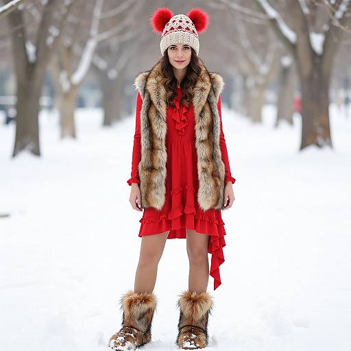 Photograph of a woman in a red dress, fur vest, white knit hat with red pom-poms, and fur boots, standing in a snowy