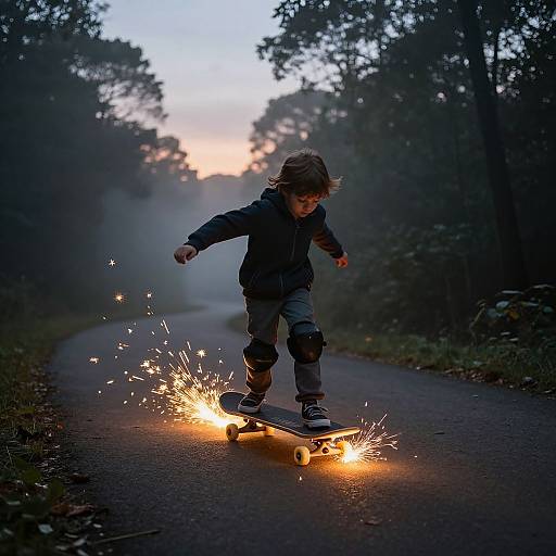 Photograph of a young boy in a dark jacket and pants, wearing gloves and knee pads, skateboarding on a forest path at dusk, with sparks