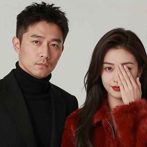 Portrait of Serious Man and Woman in Red Fur Coat