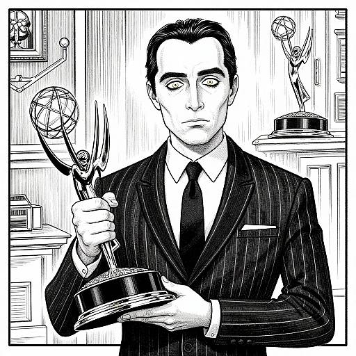Black-and-white manga-style drawing of a serious, handsome man in a pinstripe suit holding two Emmy awards and a trophy. Background features shelves with