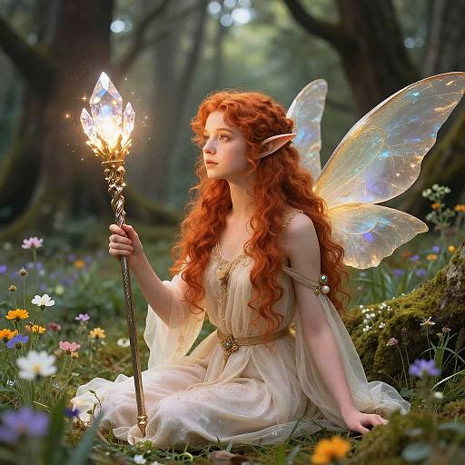 Digital fantasy artwork: Red-haired fairy with glowing wings and pointed ears, holding a crystal-tipped staff, sits in a sunlit forest meadow of