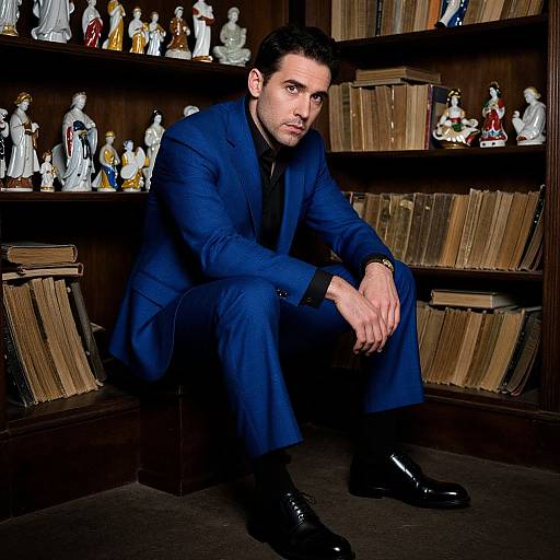 Photograph of a handsome man in a dark blue suit, black shirt, and polished black shoes, sitting in a dimly lit library with wooden shelves