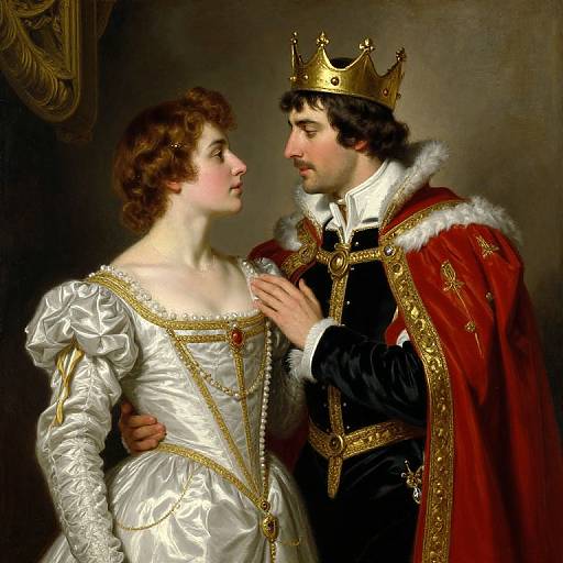 Digital painting of a royal couple: a crowned, dark-haired king in black and red robes, holding the hand of a fair-skinned, brown-haired