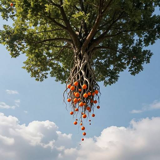 Photograph of a large tree with green leaves and hanging orange fruits against a bright blue sky with white clouds.