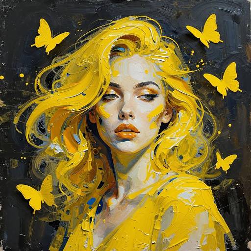Digital painting of a blonde woman with flowing hair, yellow butterflies, and a yellow dress, set against a dark, textured background.