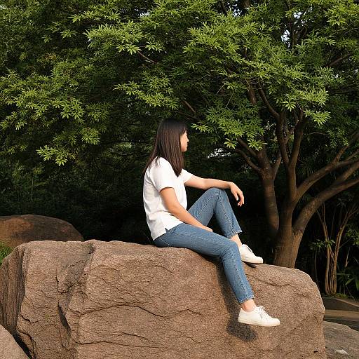 Photograph of a woman with long black hair, wearing a white t-shirt and blue jeans, sitting on a large brown rock, against a backdrop of