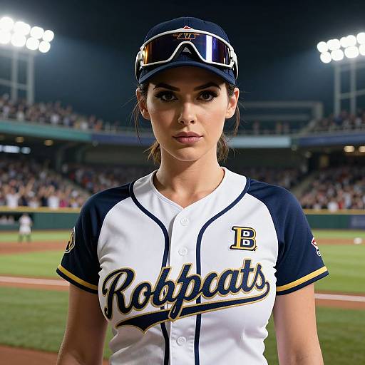 Photograph of a serious young female baseball player in a white and navy Robins uniform with 