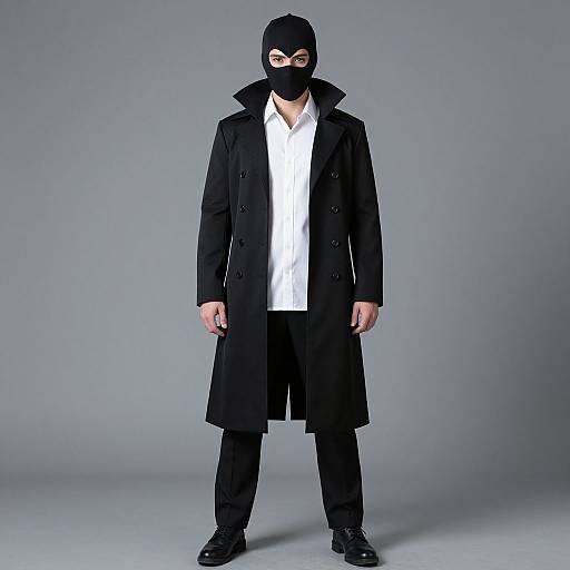 Photograph of a man in a black balaclava, long black coat, white shirt, black pants, and black shoes, standing against a